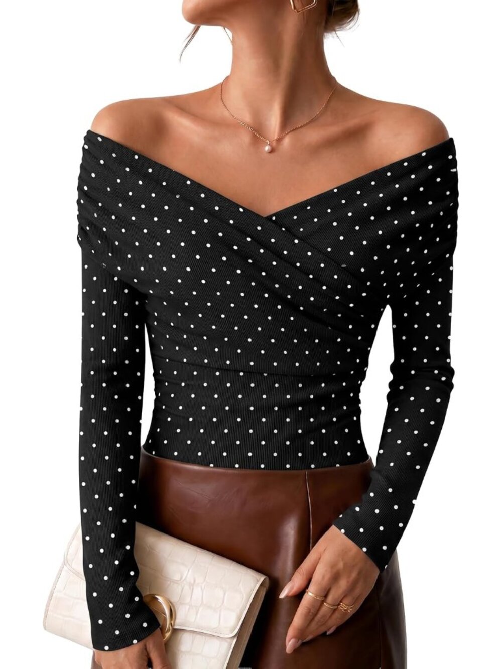 Women's Polka Dot Black Off Shoulder Front Ribbed Long Sleeve Casual T-shirt Top
